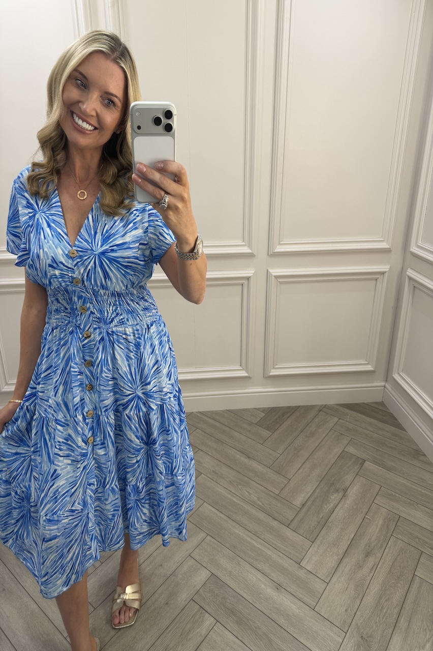 Aurelia Blue Shirred Midi Dress