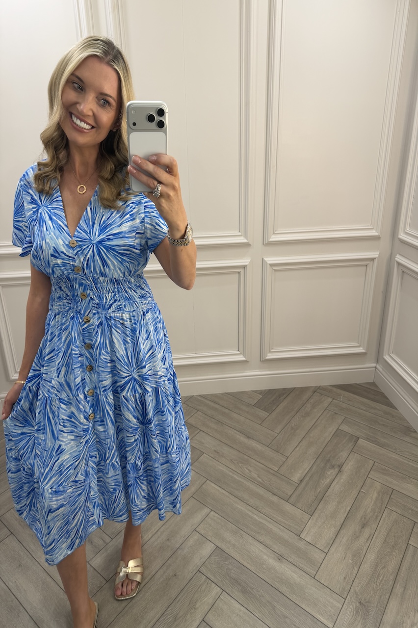 Aurelia Blue Shirred Midi Dress