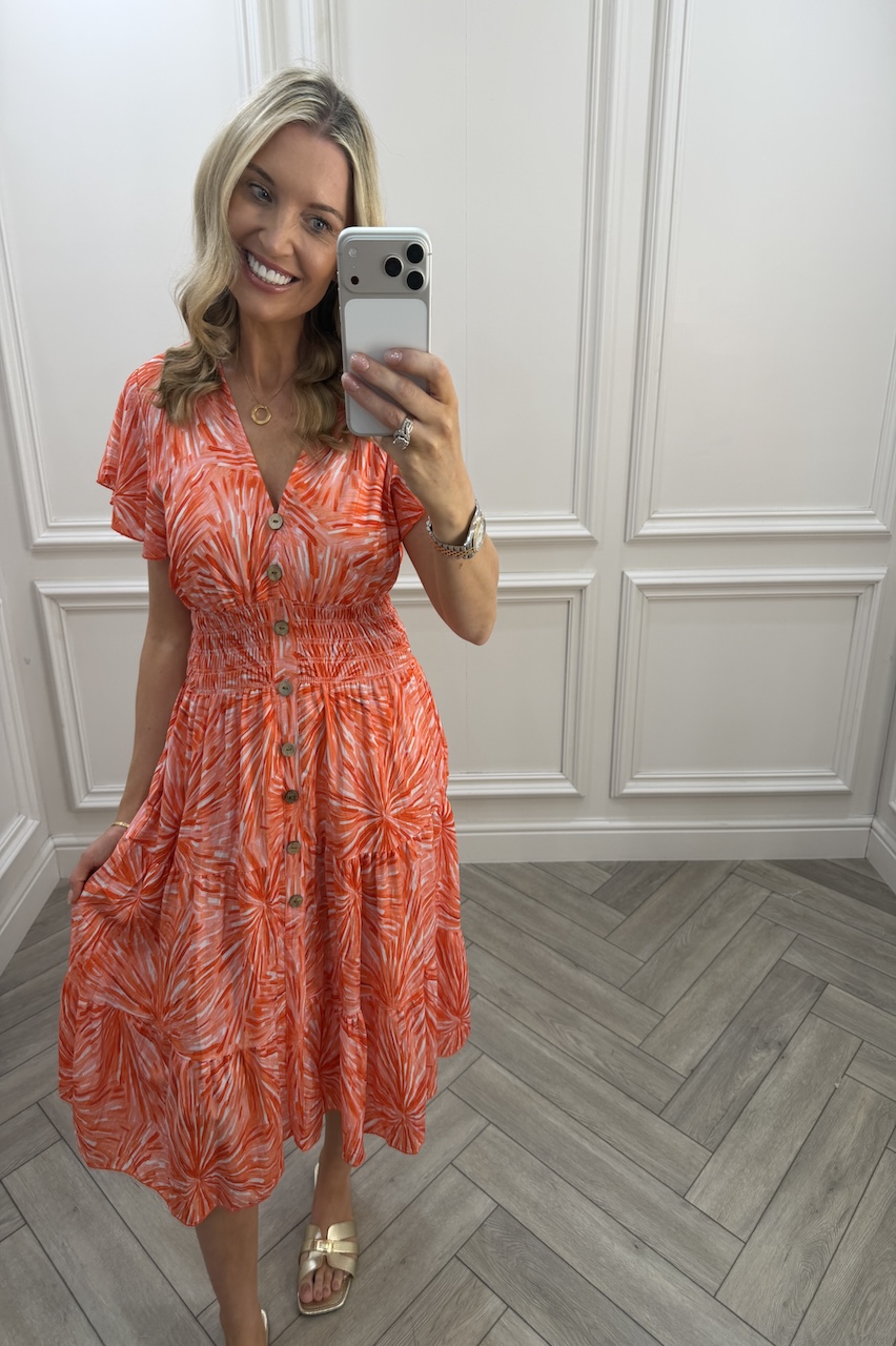 Aurelia Orange Shirred Midi Dress