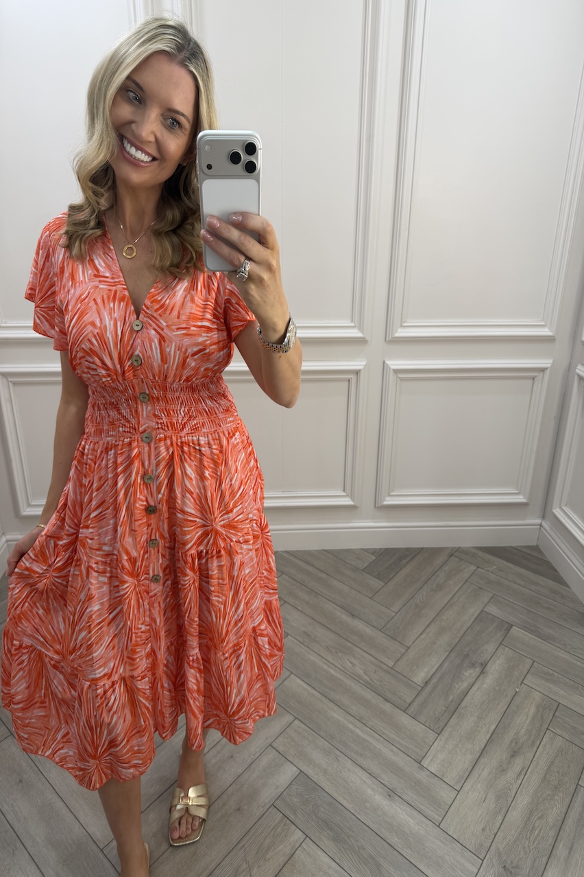 Aurelia Orange Shirred Midi Dress