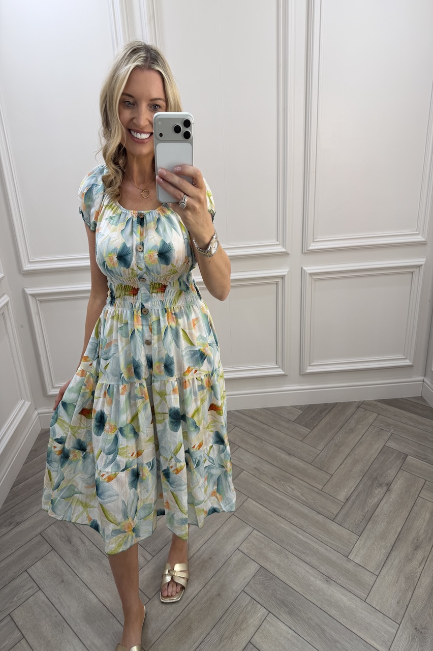 Turquoise Parker Floral Shirred Midi Dress