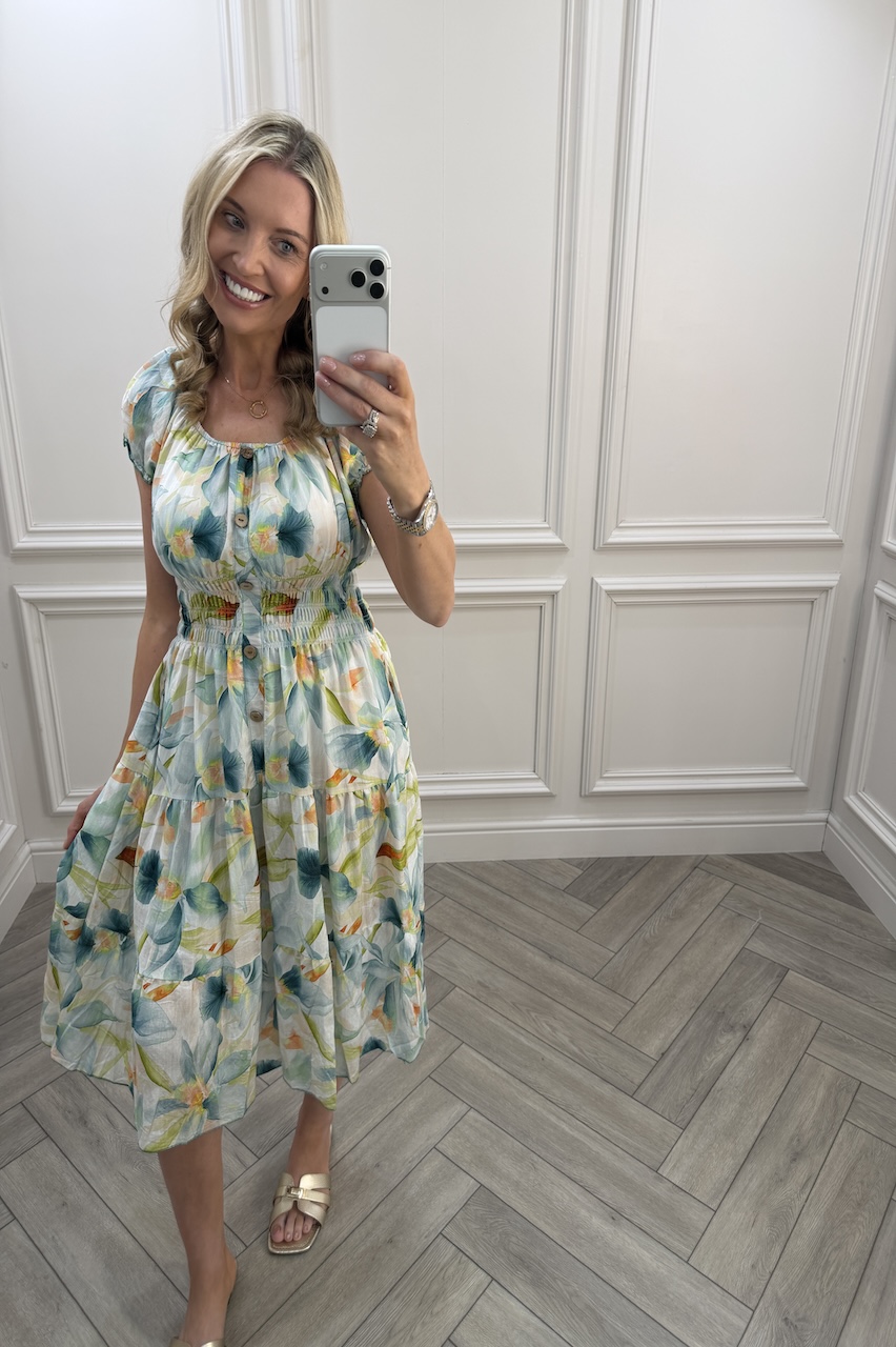 Turquoise Parker Floral Shirred Midi Dress