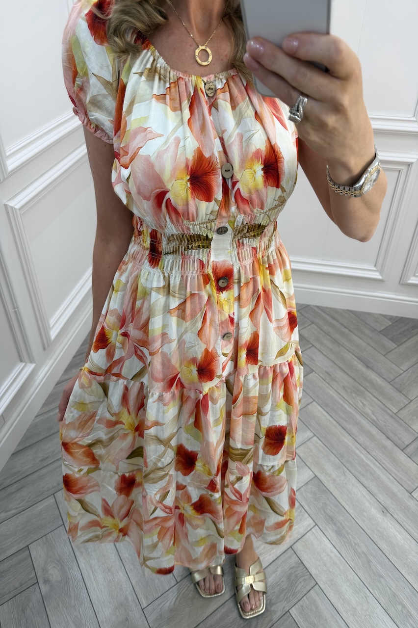 Peach  Parker Floral Shirred Midi Dress