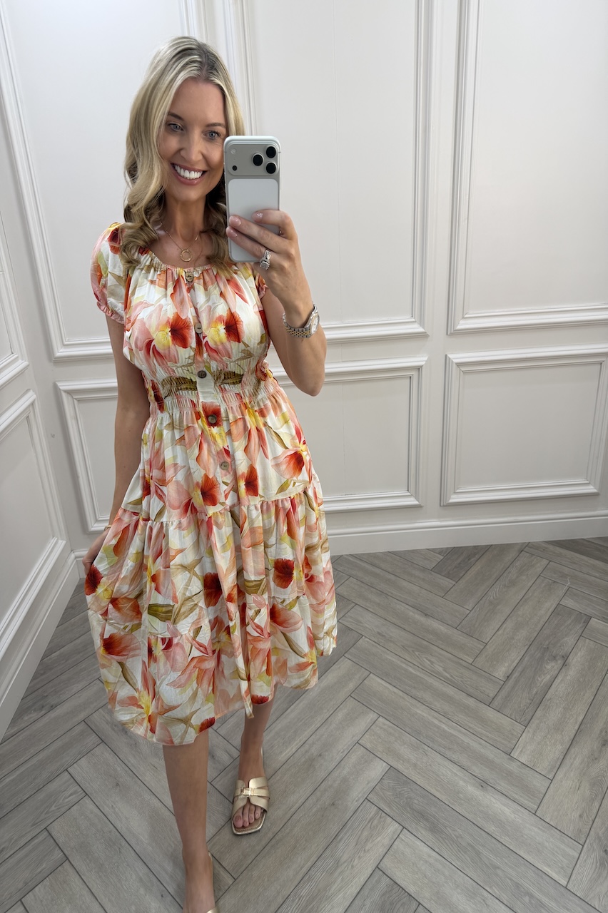 Peach  Parker Floral Shirred Midi Dress
