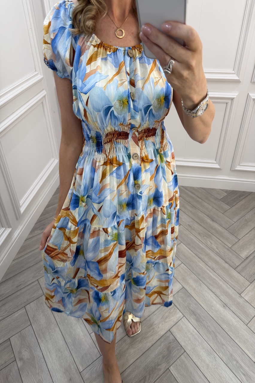 Blue Parker Floral Shirred Midi Dress