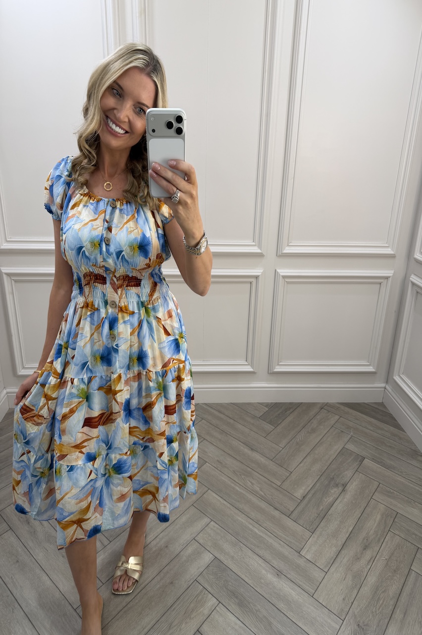 Blue Parker Floral Shirred Midi Dress