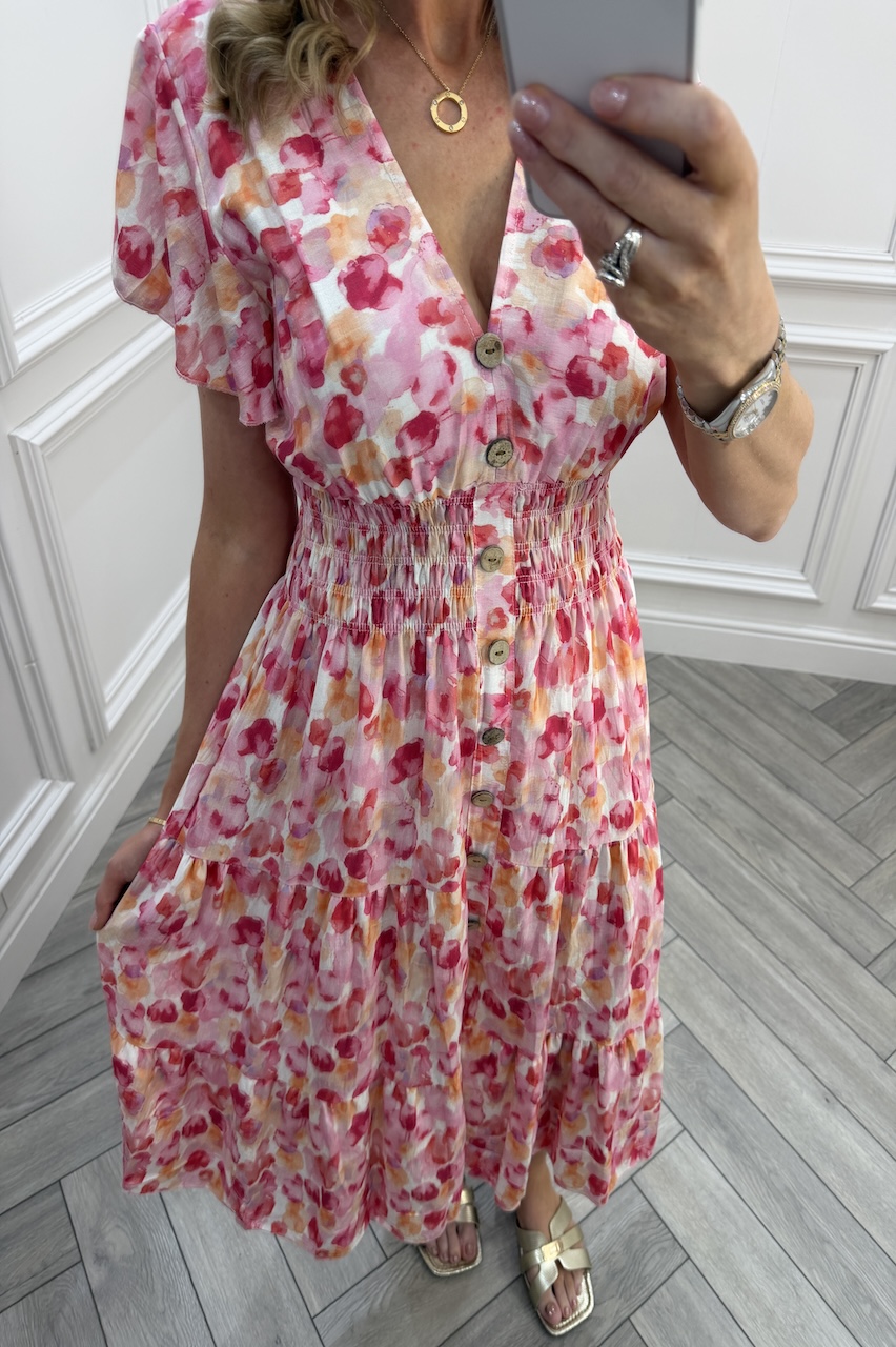 Pink Maddison Shirred Midi Dress