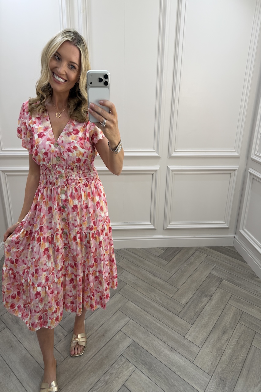 Pink Maddison Shirred Midi Dress