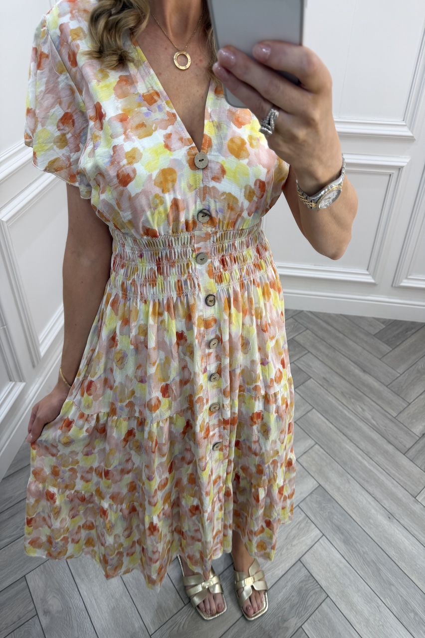 Yellow Maddison Shirred Midi Dress