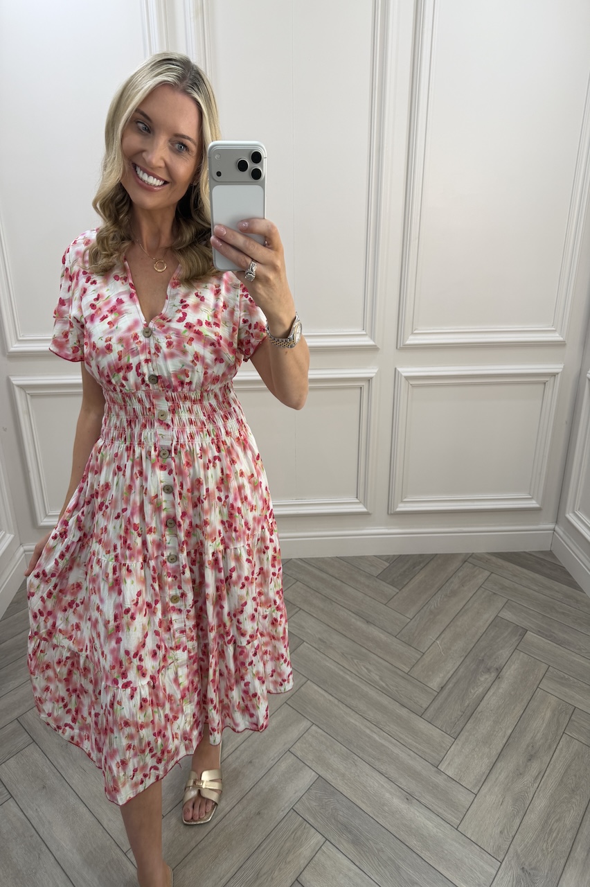 Red & Pink  Violet Floral Shirred Midi Dress