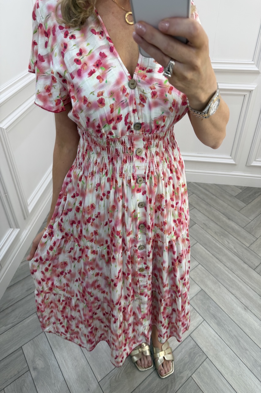 Red & Pink  Violet Floral Shirred Midi Dress