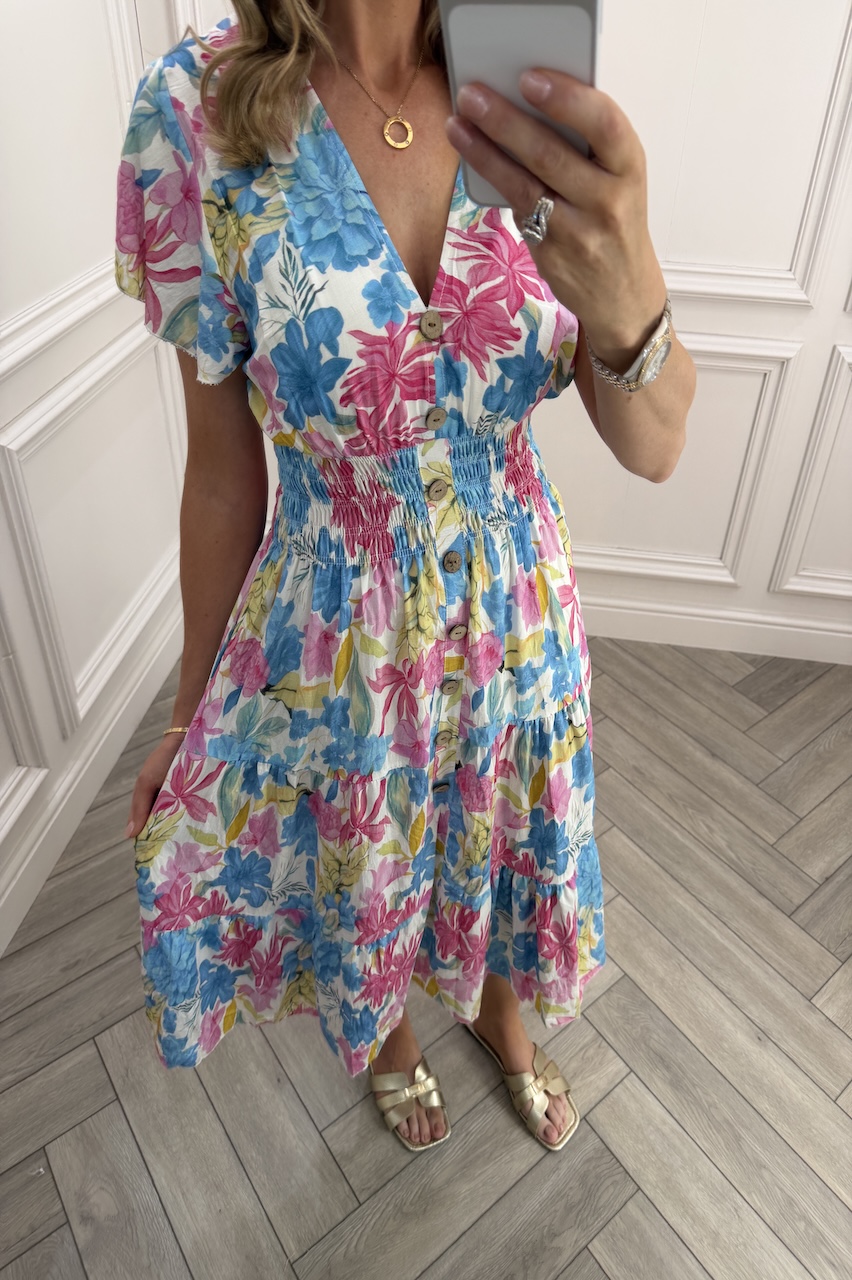 Sunshine Blue, Pink & Yellow  Shirred Midi Dress