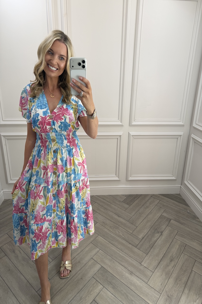 Sunshine Blue, Pink & Yellow  Shirred Midi Dress