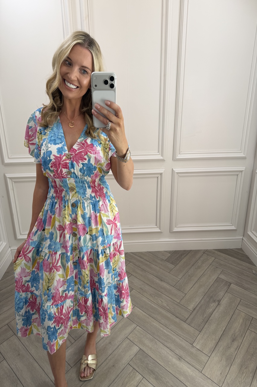 Sunshine Blue, Pink & Yellow  Shirred Midi Dress