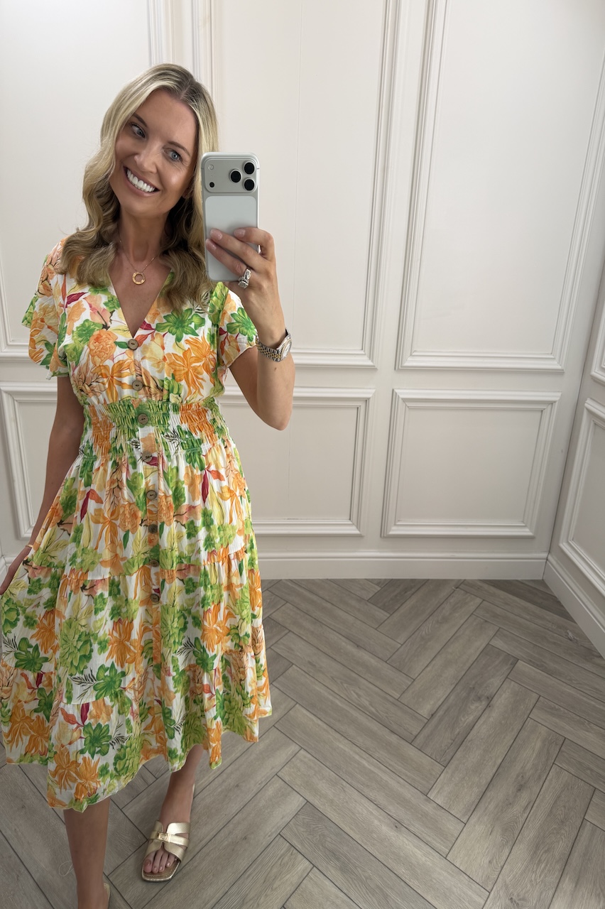 Sunshine Lime & Orange  Shirred Midi Dress