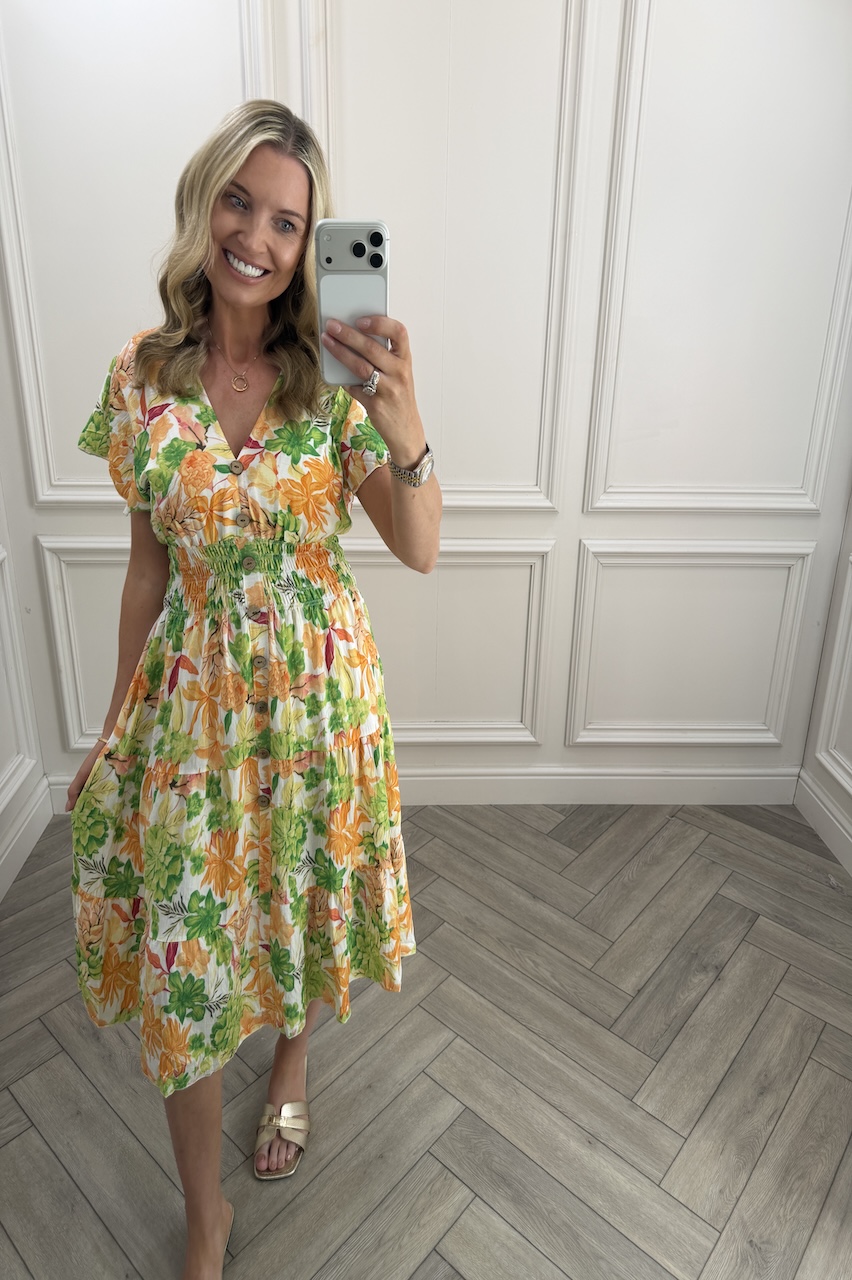 Sunshine Lime & Orange  Shirred Midi Dress