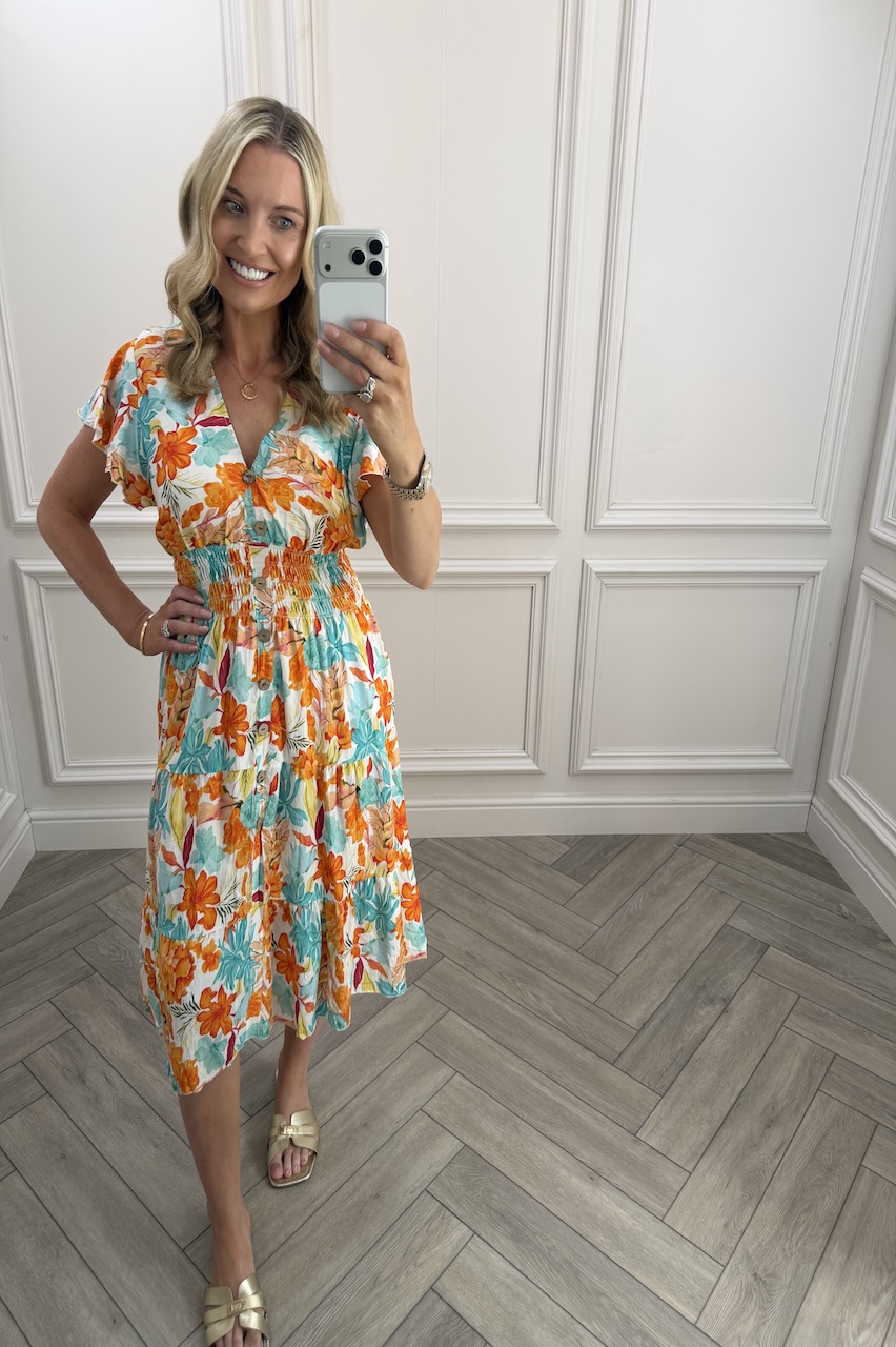 Sunshine Turquoise  & Orange  Shirred Midi Dress
