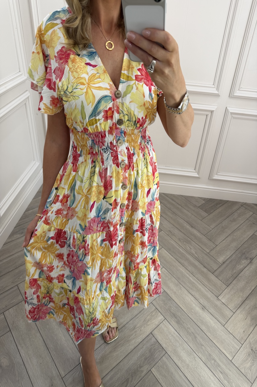 Sunshine Yellow & Red  Shirred Midi Dress