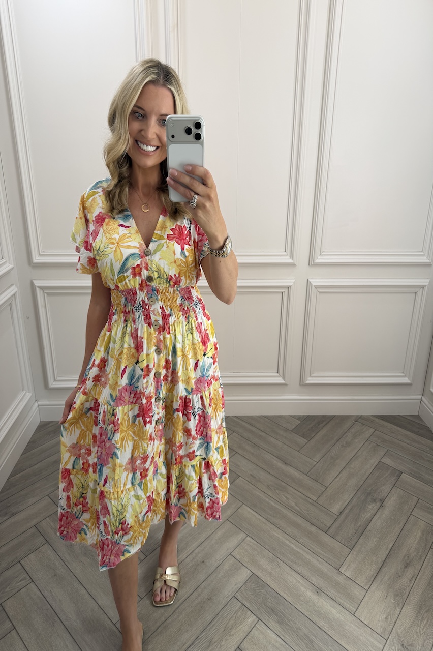 Sunshine Yellow & Red  Shirred Midi Dress
