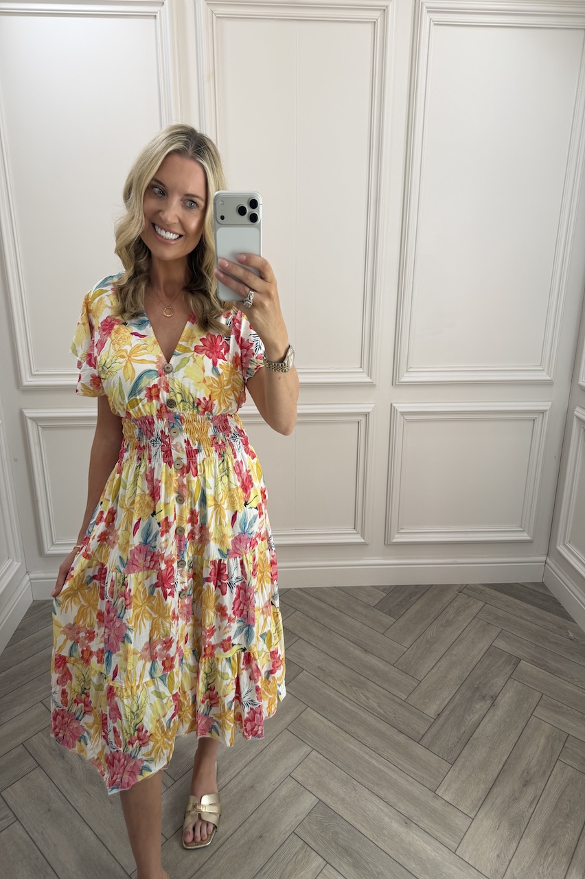 Sunshine Yellow & Red  Shirred Midi Dress