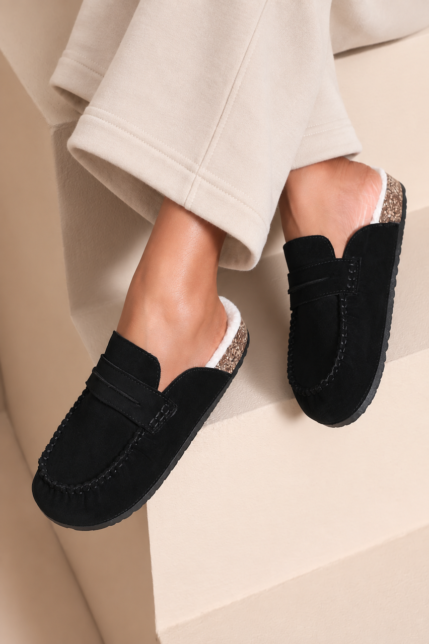 Black Luna Moccasin Style Mules