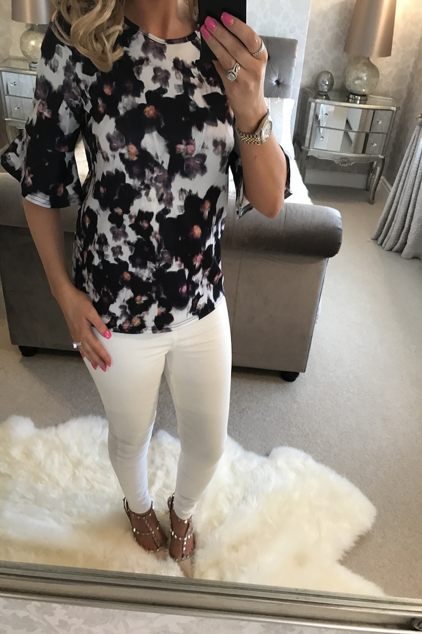 White & Grey Florence Flute Sleeve Top