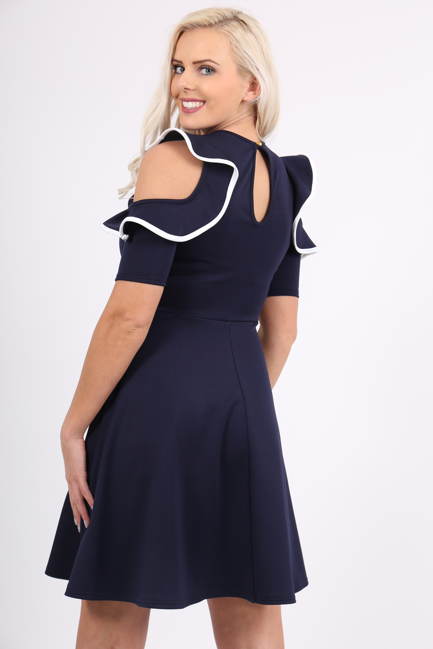 Anya Navy Ruffle Shoulder Skater Dress