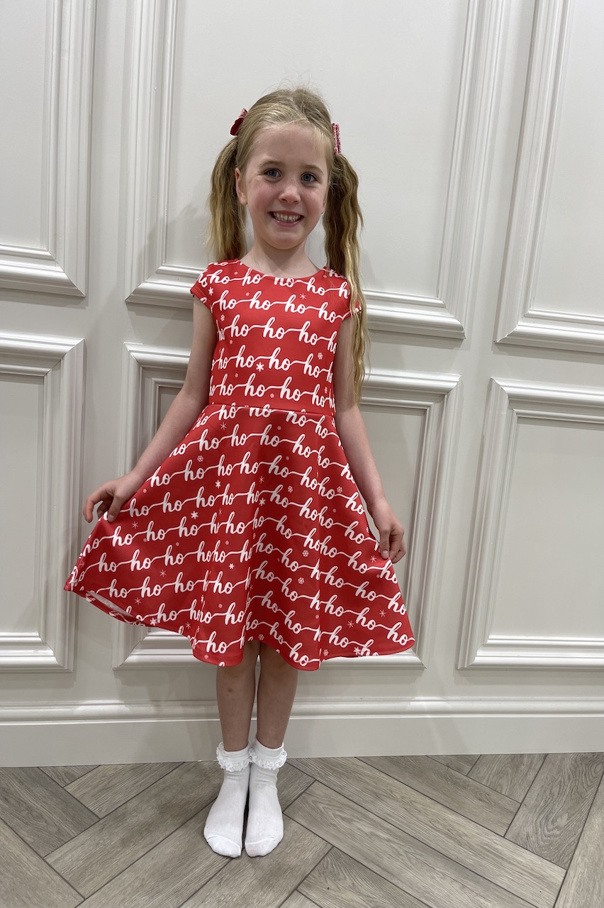 Children's Red 'Ho Ho' Cap Sleeve Christmas Skater Dress