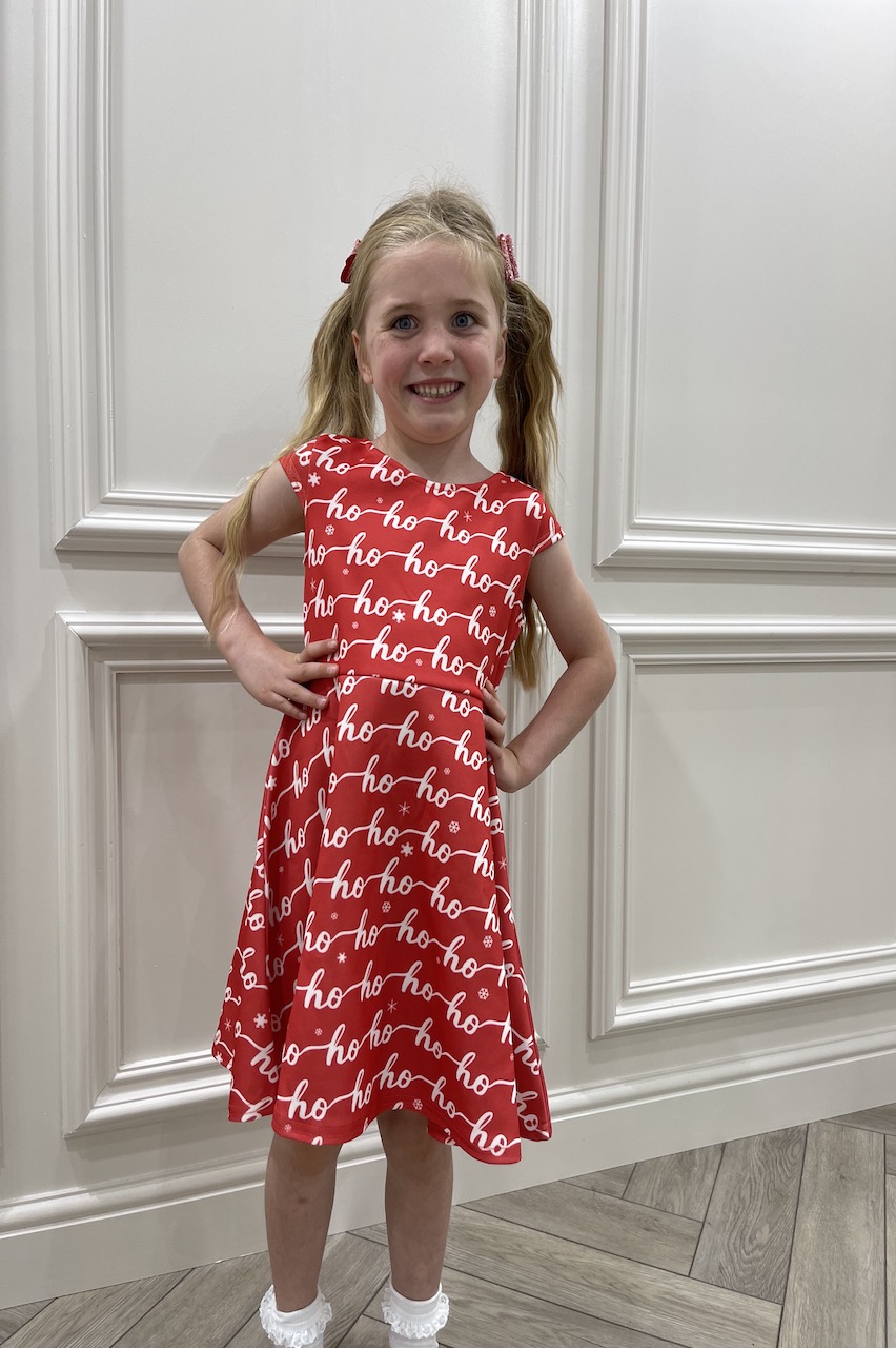 Children's Red 'Ho Ho' Cap Sleeve Christmas Skater Dress