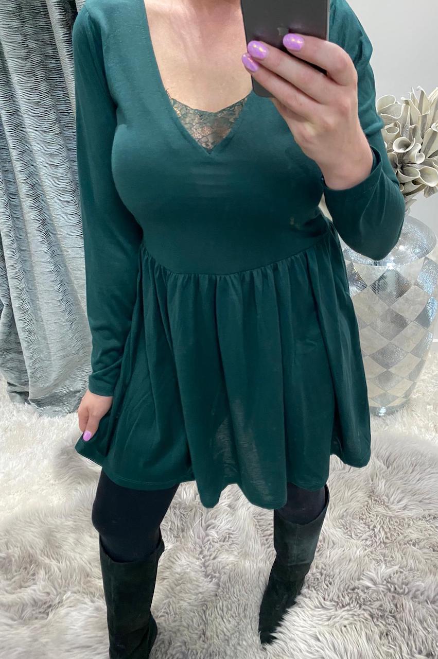 Tammy Green Long Sleeve Skater Dress with Lace Insert