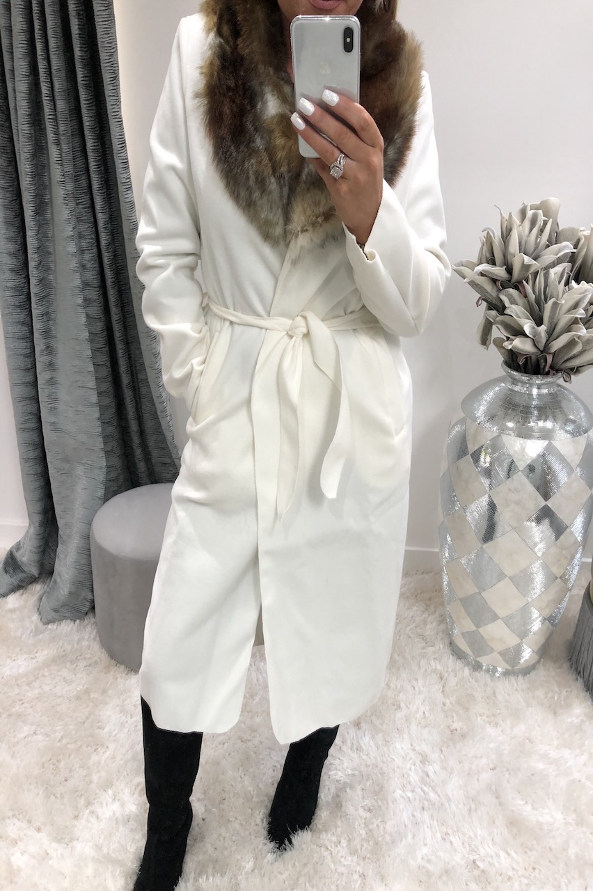 white wool coat with fur collar