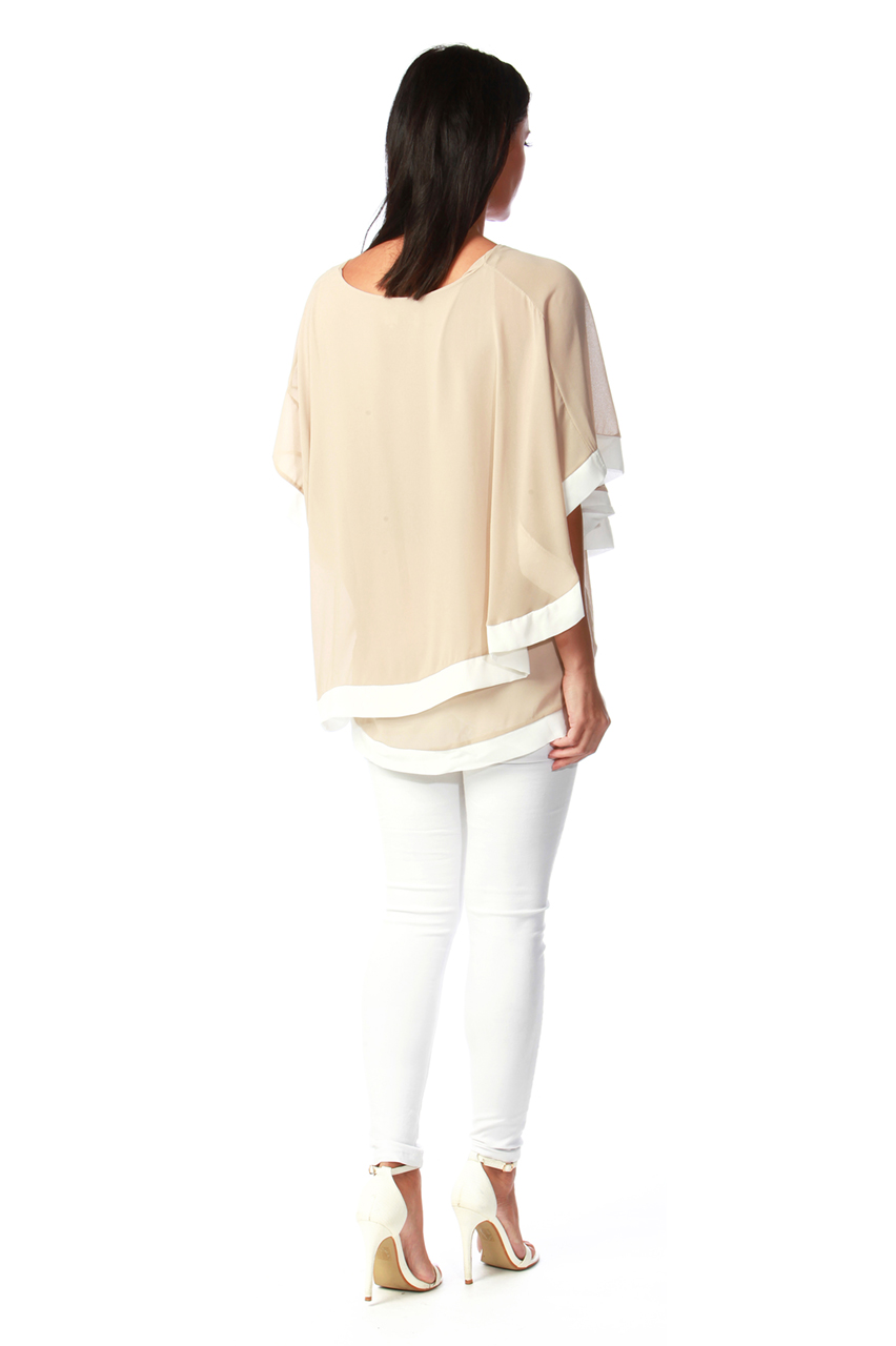 Naya Camel and White Overlay Chiffon Top