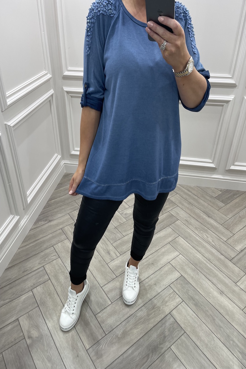 Alexis Blue Top with Fold Up Sleeves 