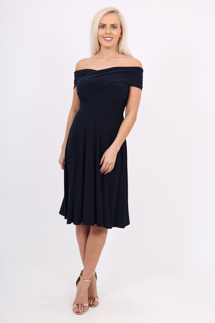 Navy Twist Front Bardot Skater Dress 