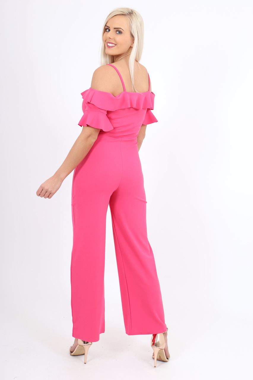 Pink Bardot Frill Wide Leg Jumpsuit