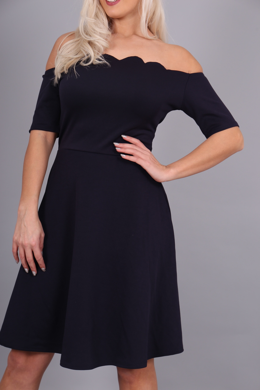 Navy Scallop Off Shoulder Skater Dress