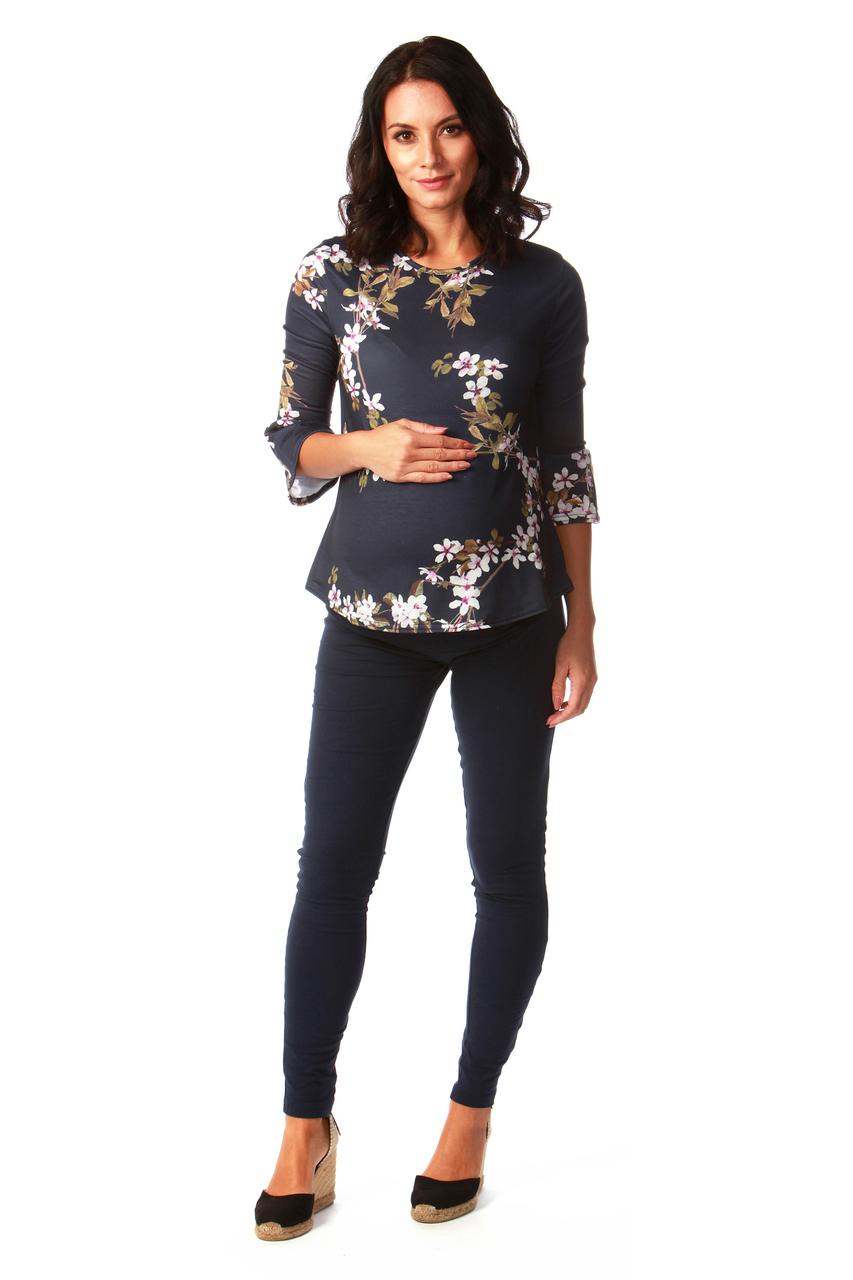 Amaryllis Maternity Navy Floral Flute Top