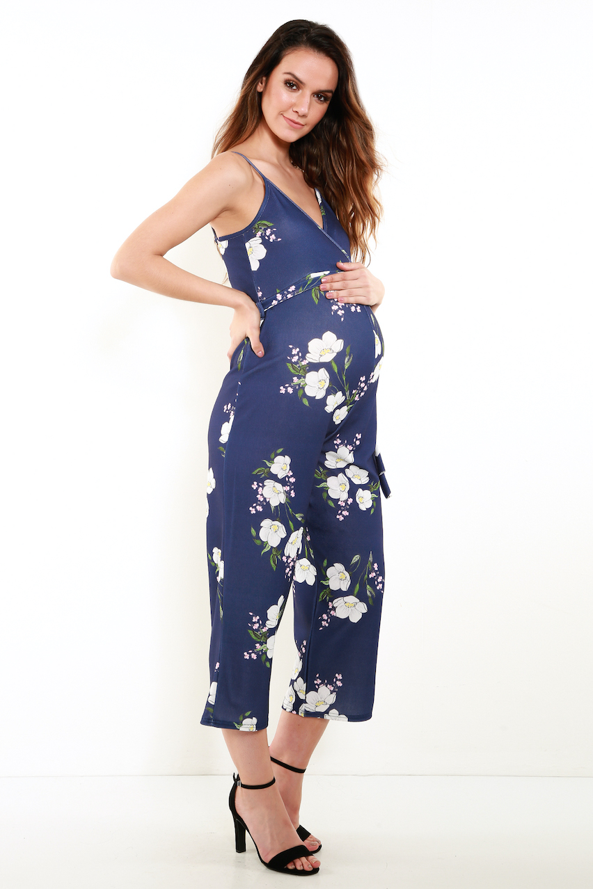 Navy Floral Tansey Maternity Strappy Wrap Over Culotte Jumpsuit