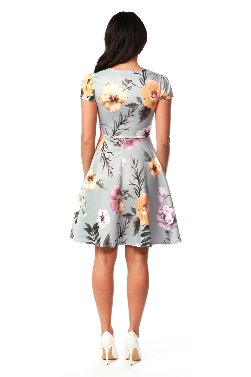 Grey Santiago Floral Keyhole Skater Dress