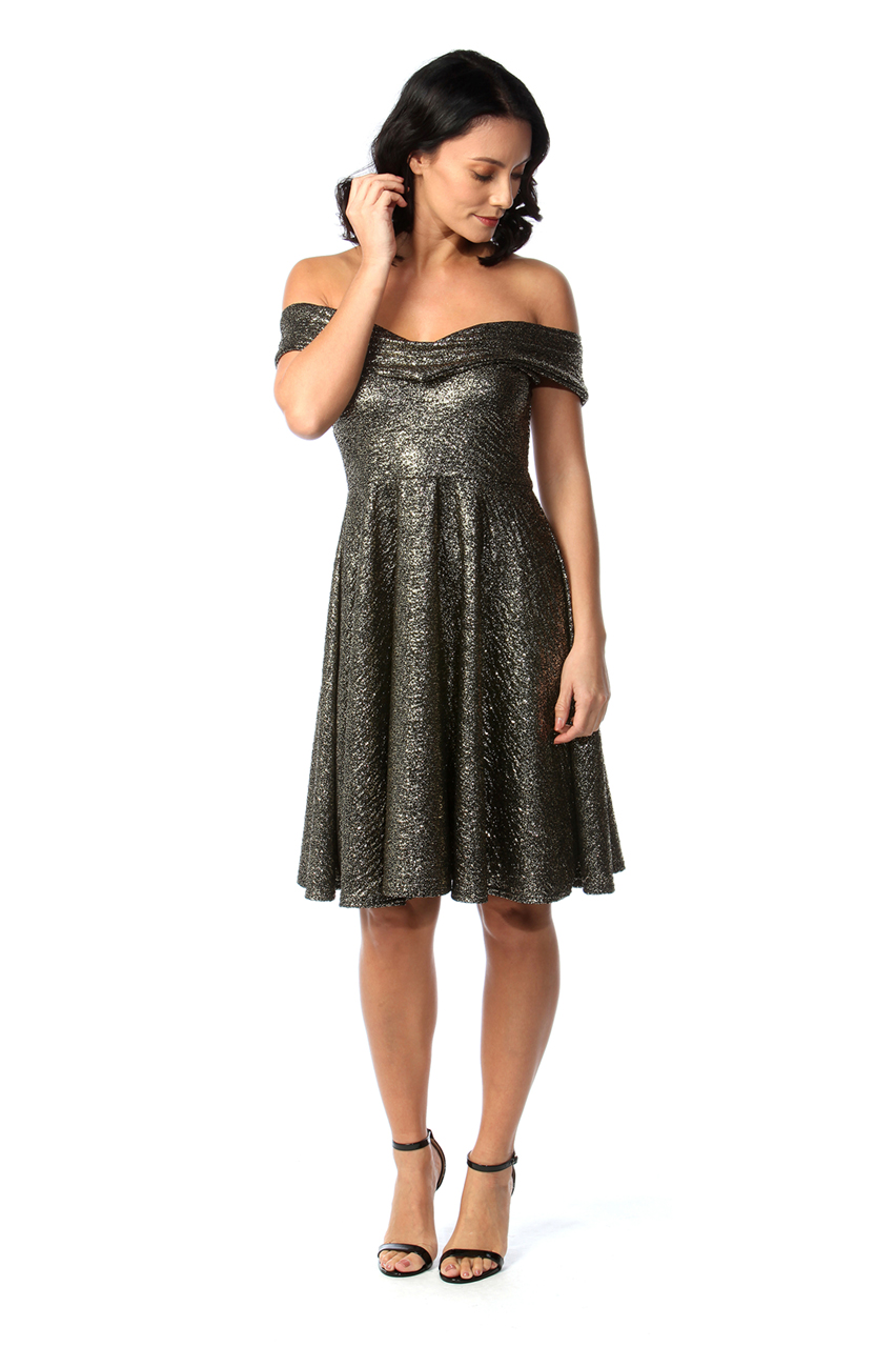 Gold Shimmer Bardot Skater Dress