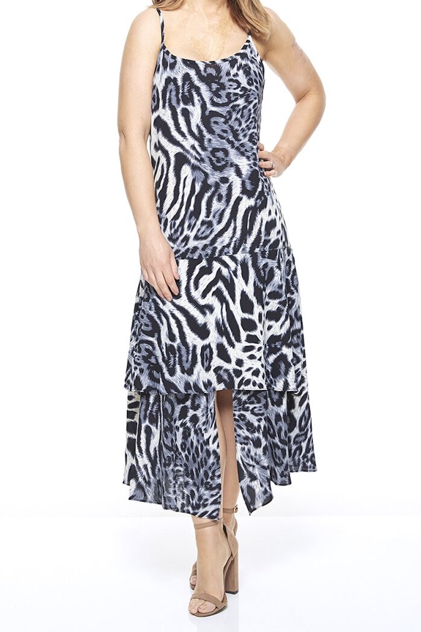Grey Leopard Strappy Frill Dress