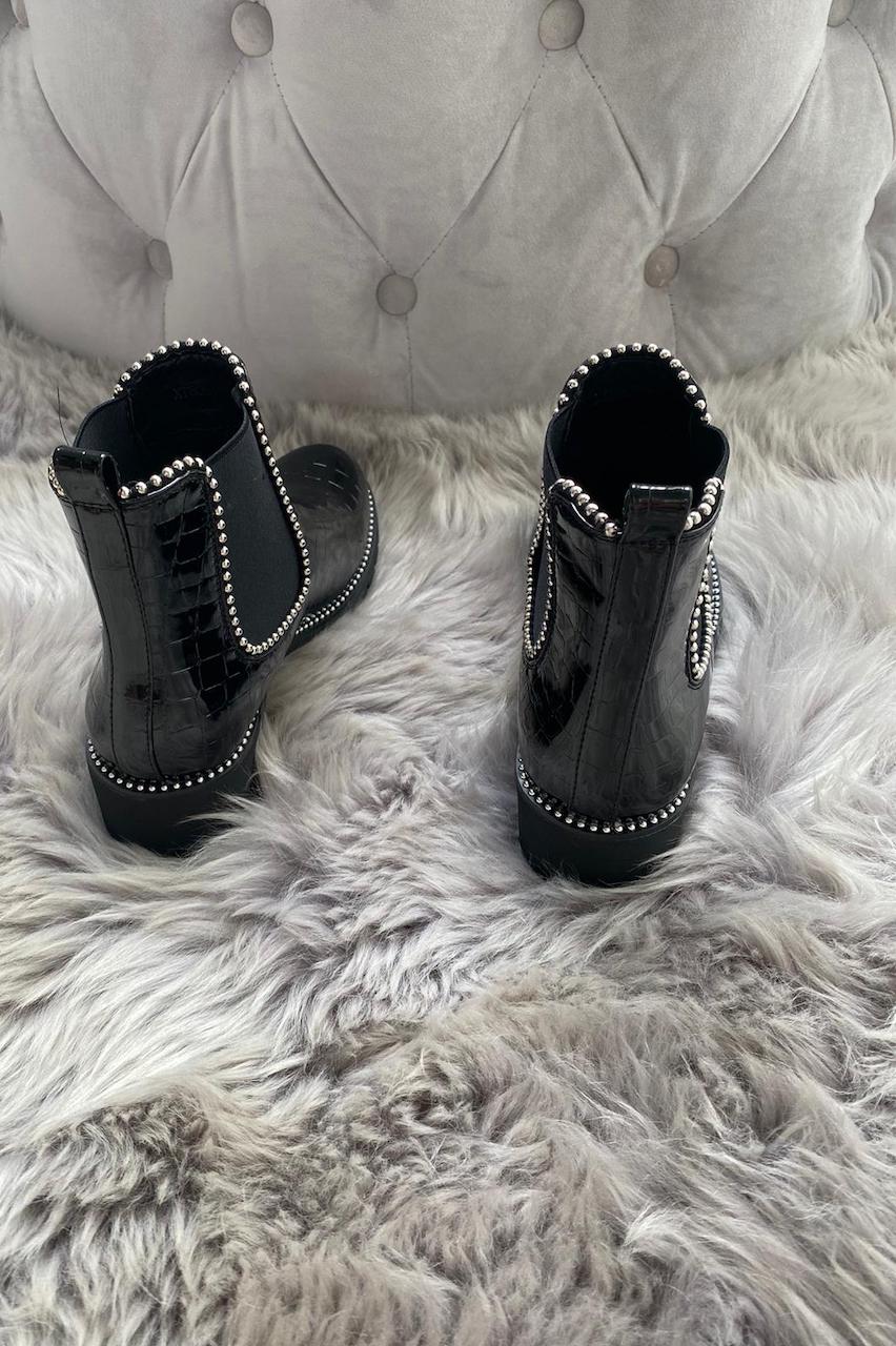 black studded patent croc print chelsea boots