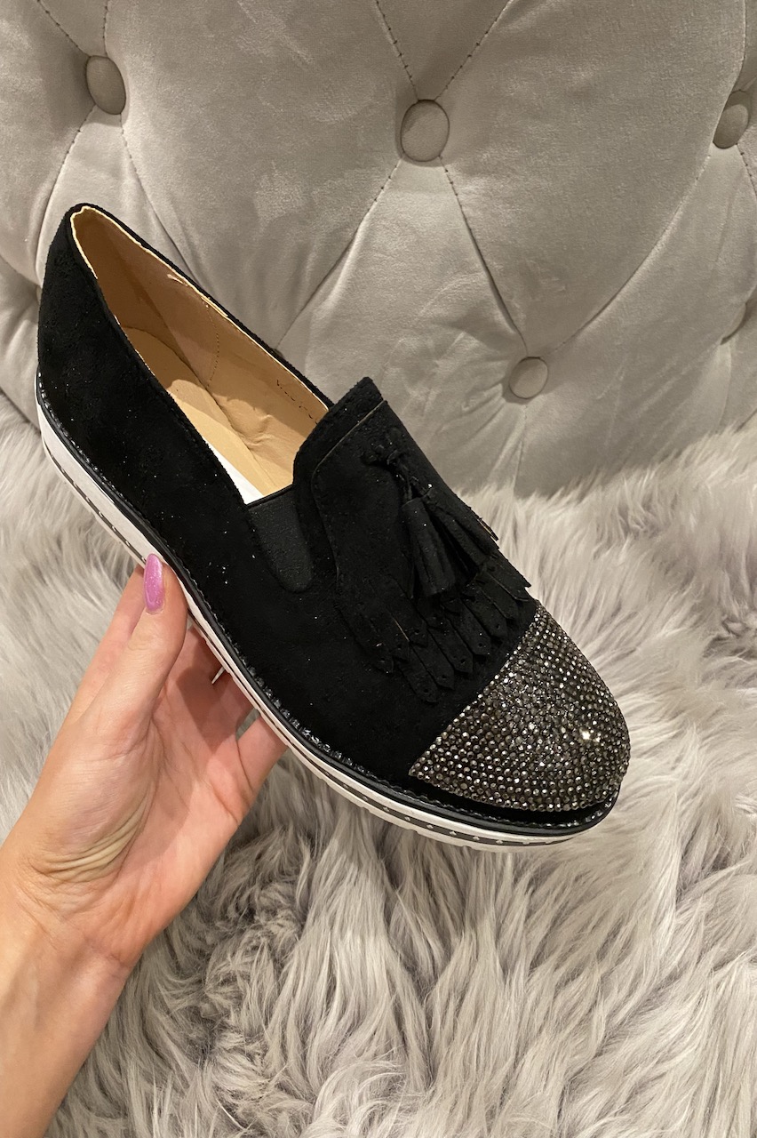Betty Black Suede Diamonds Loafers