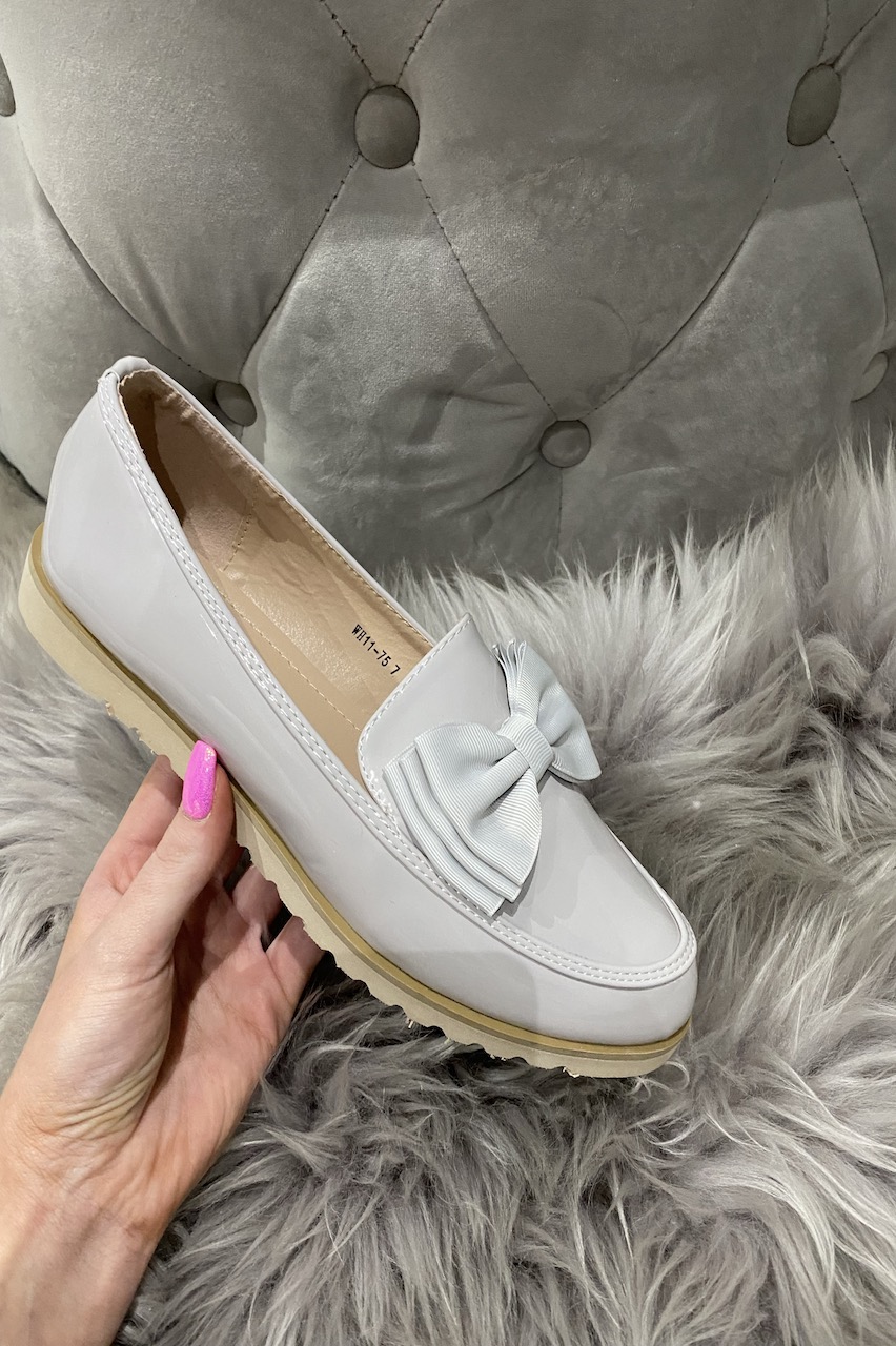 Grey Patent Bow Loafers 