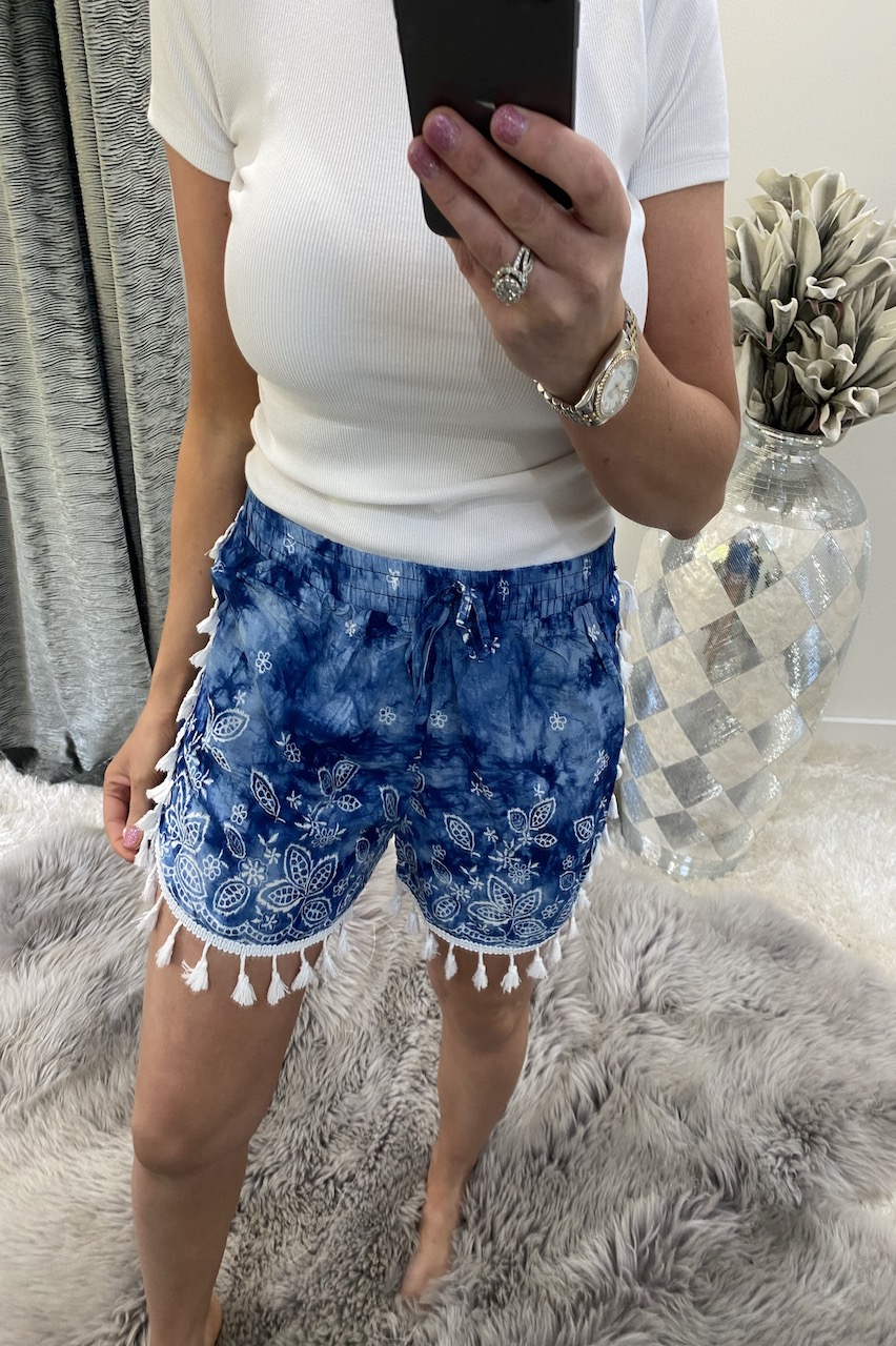 Blue  Floral Shorts With Tassels