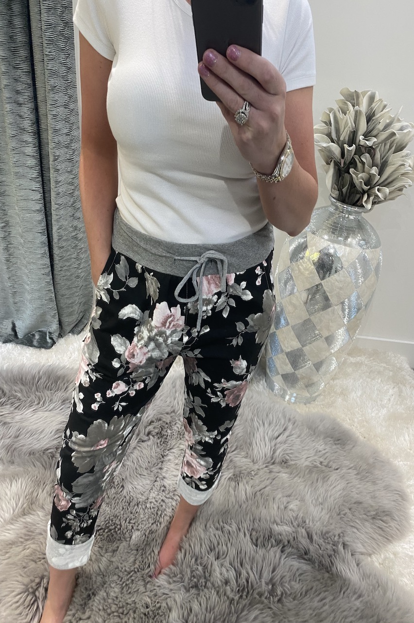 Zara Navy & Pink Floral  Drawstring Joggers 