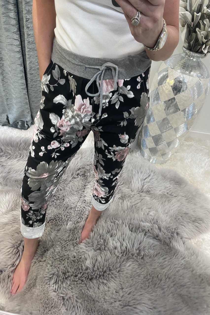 Zara Navy & Pink Floral  Drawstring Joggers 