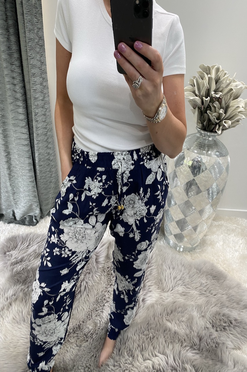 Navy Floral Bloom Elasticated Trousers 