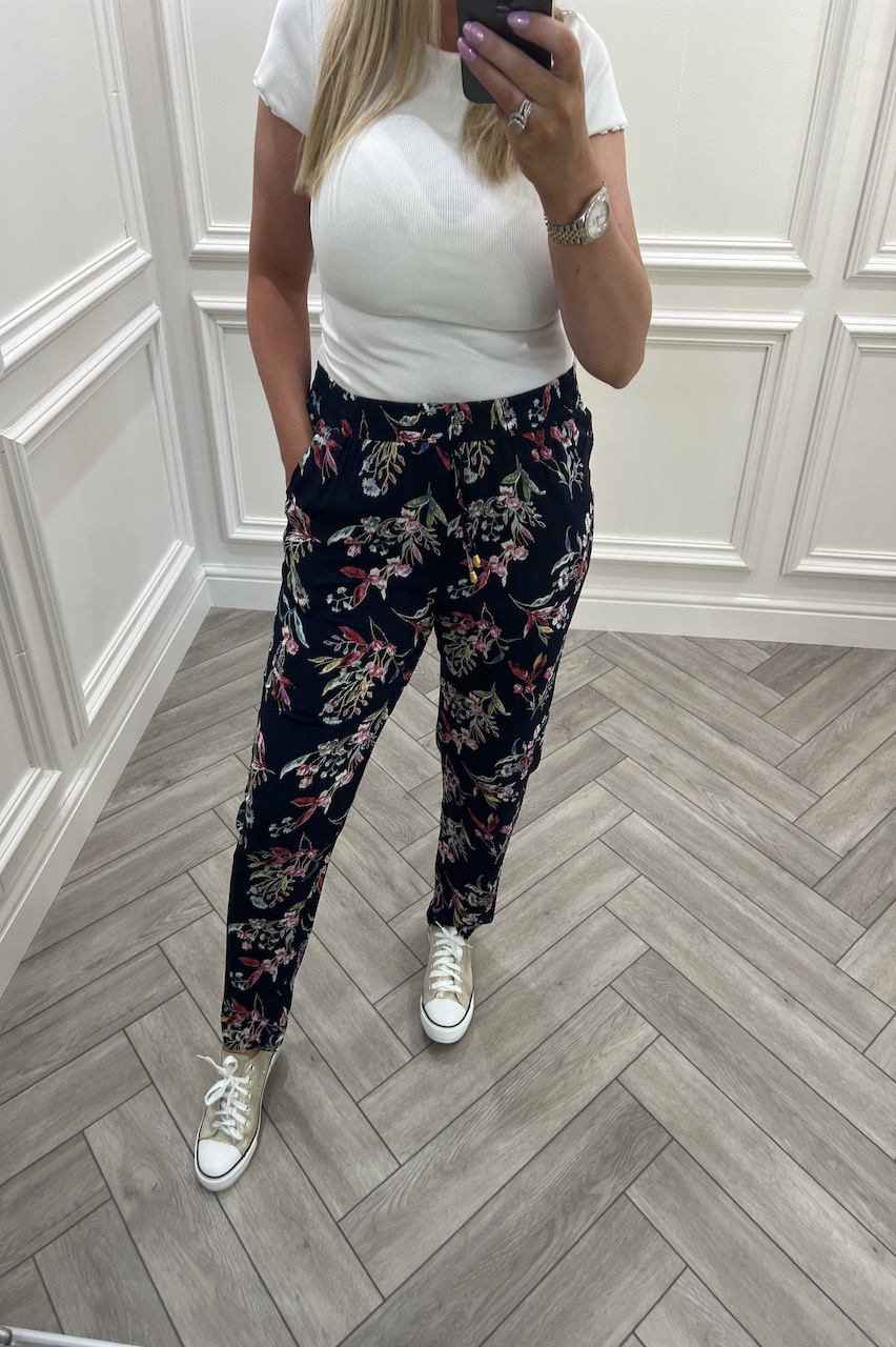 Navy Priscilla  Floral Elasticated Trousers