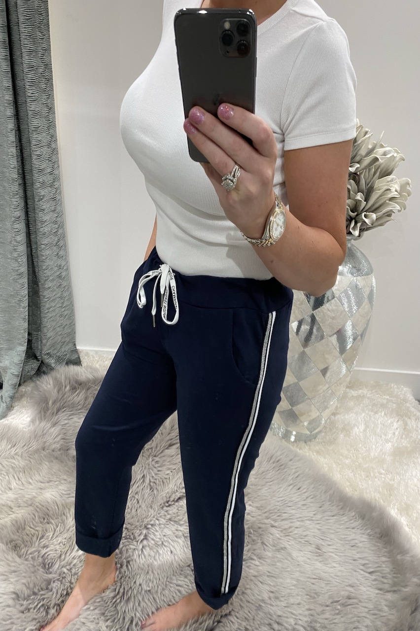 Navy Sparkle Side Stripe Drawstring Joggers 